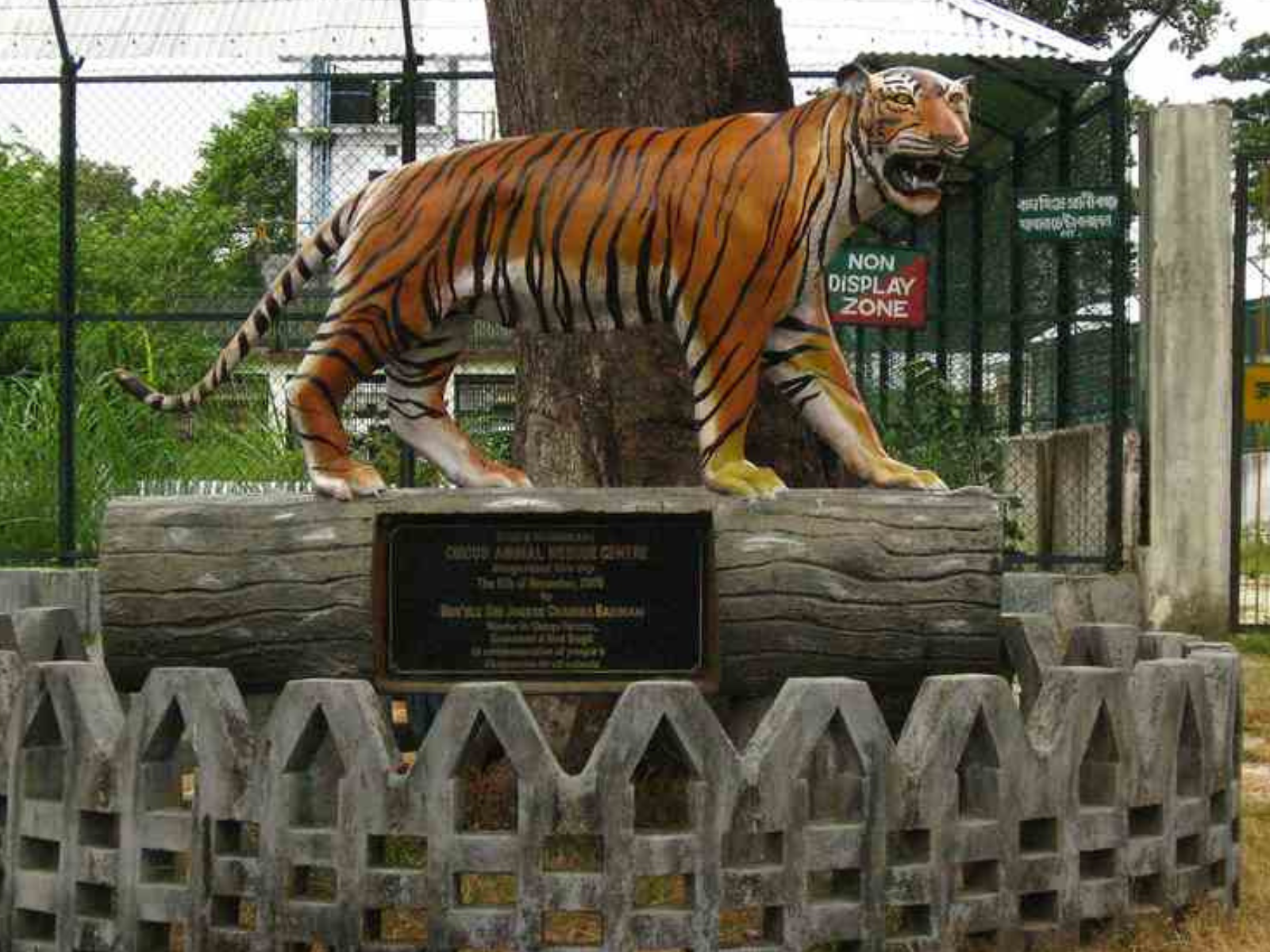 The painted tiger statue and plaque at the entrance to the animal rescue centre at Khoirbari