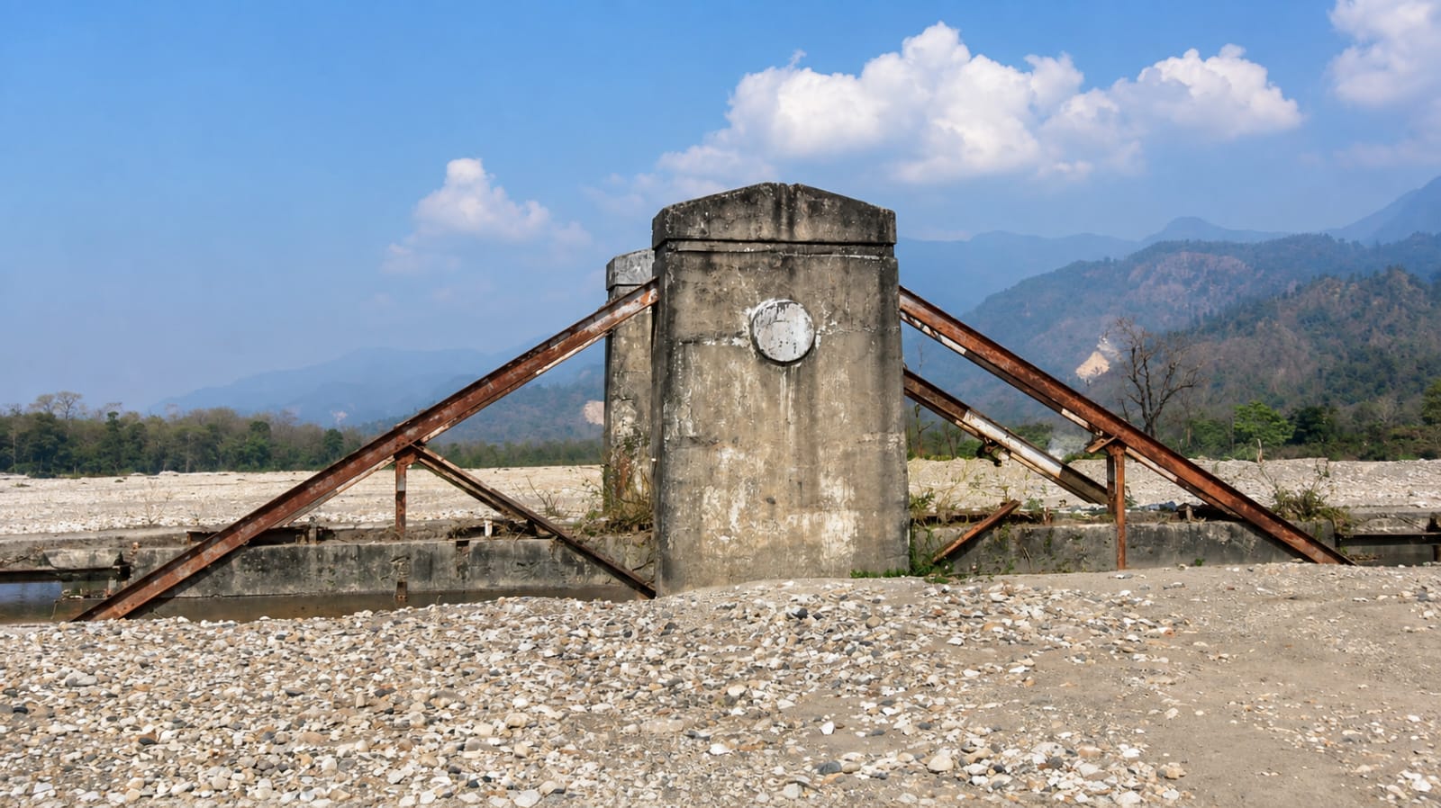 The white riverbed at Jayanti with the ruined bridge pier and the Bhutan hills beyond
