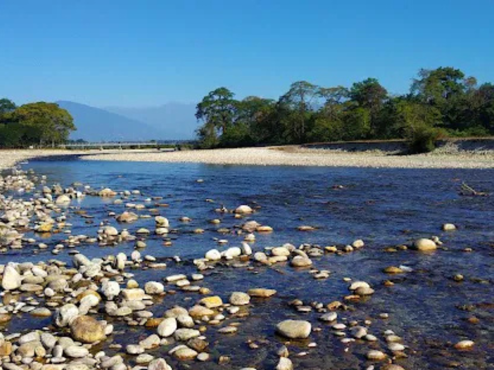 Clear water running over white pebbles on the Murti River with forest and hills beyond
