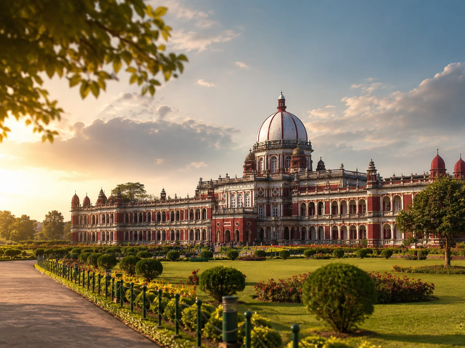 The domed Italianate facade of Coochbehar Rajbari in evening light above its gardens