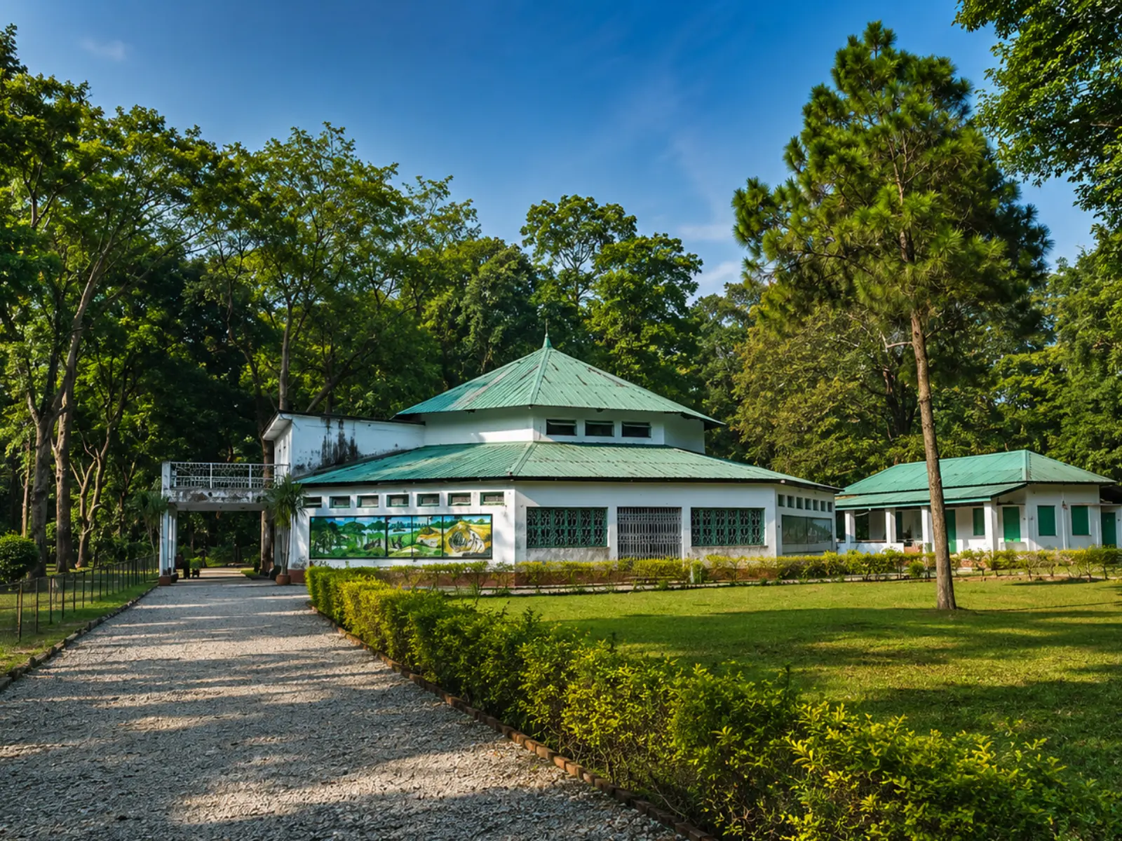 The green-roofed interpretation centre at Rajabhatkhawa with a gravel path and mural panels