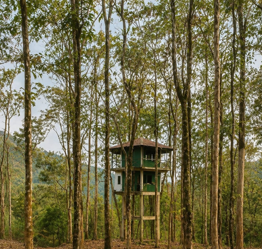 A green forest watchtower among tall sal trees at Pukhri Hill