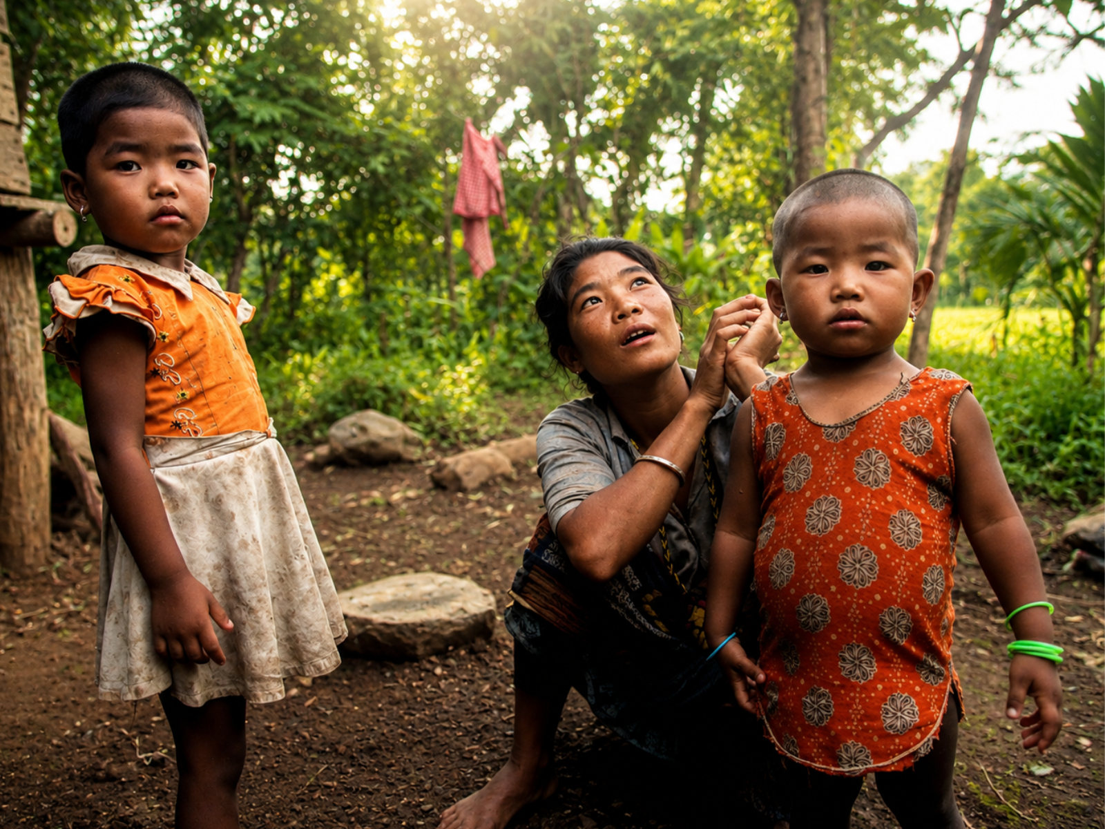 A Toto mother and two young children outside their homestead at Totopara