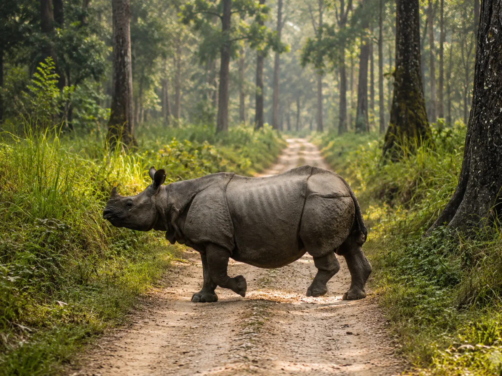 A one-horned rhinoceros crossing a forest track at Jaldapara National Park