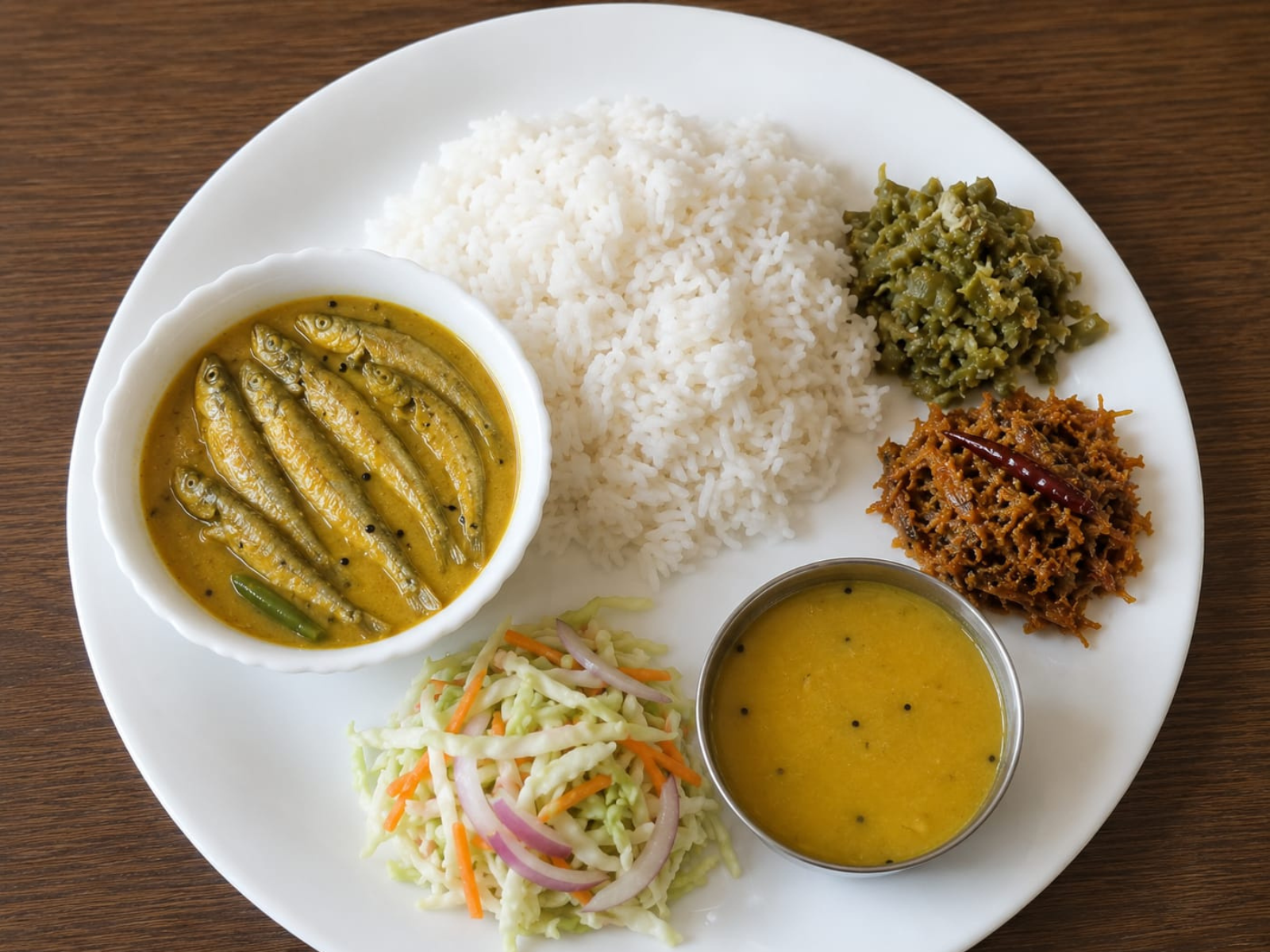 A full-board meal of rice, local fish curry, dal and garden vegetables