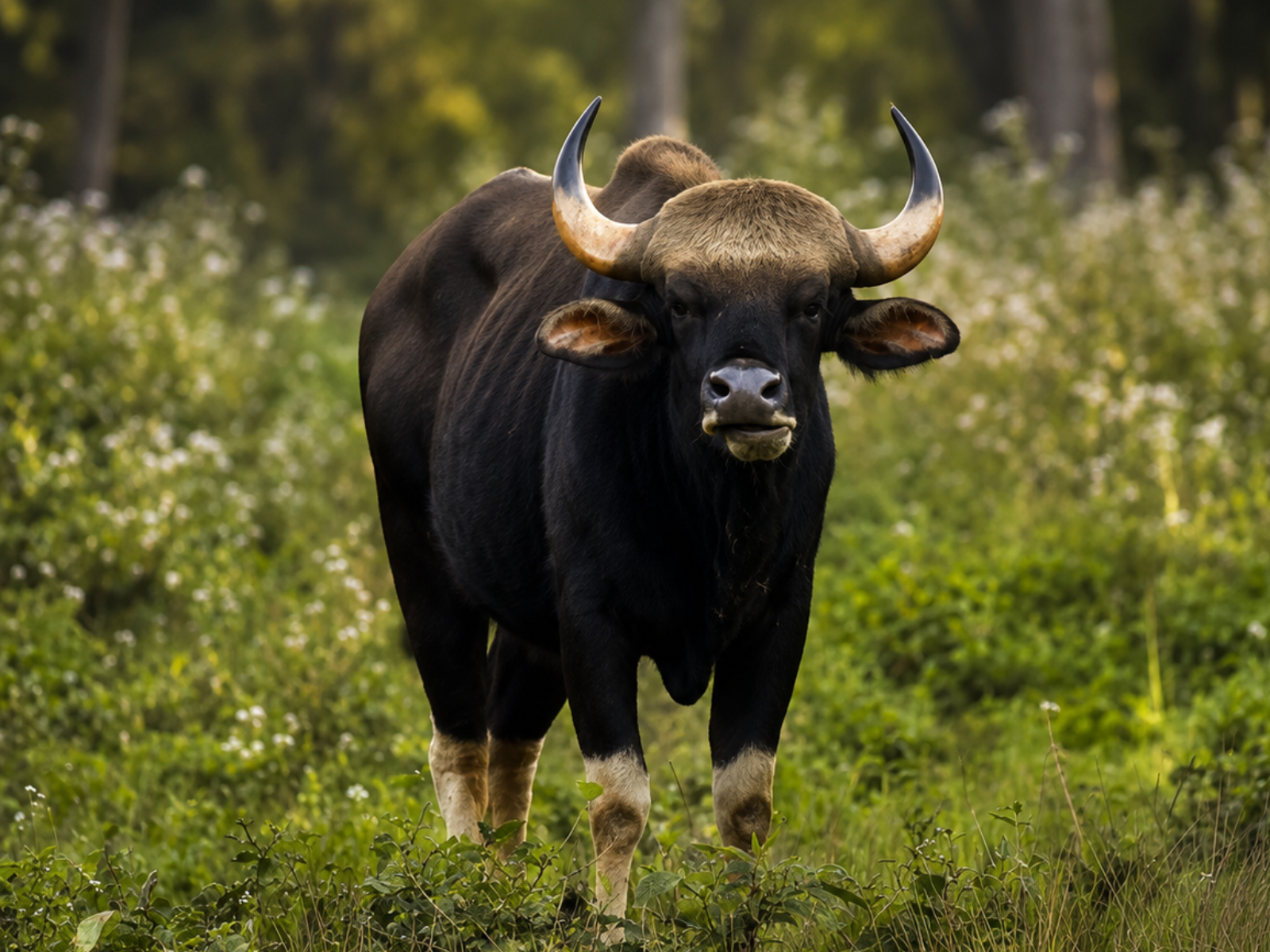 An Indian gaur standing in flowering undergrowth at the forest edge in Gorumara National Park