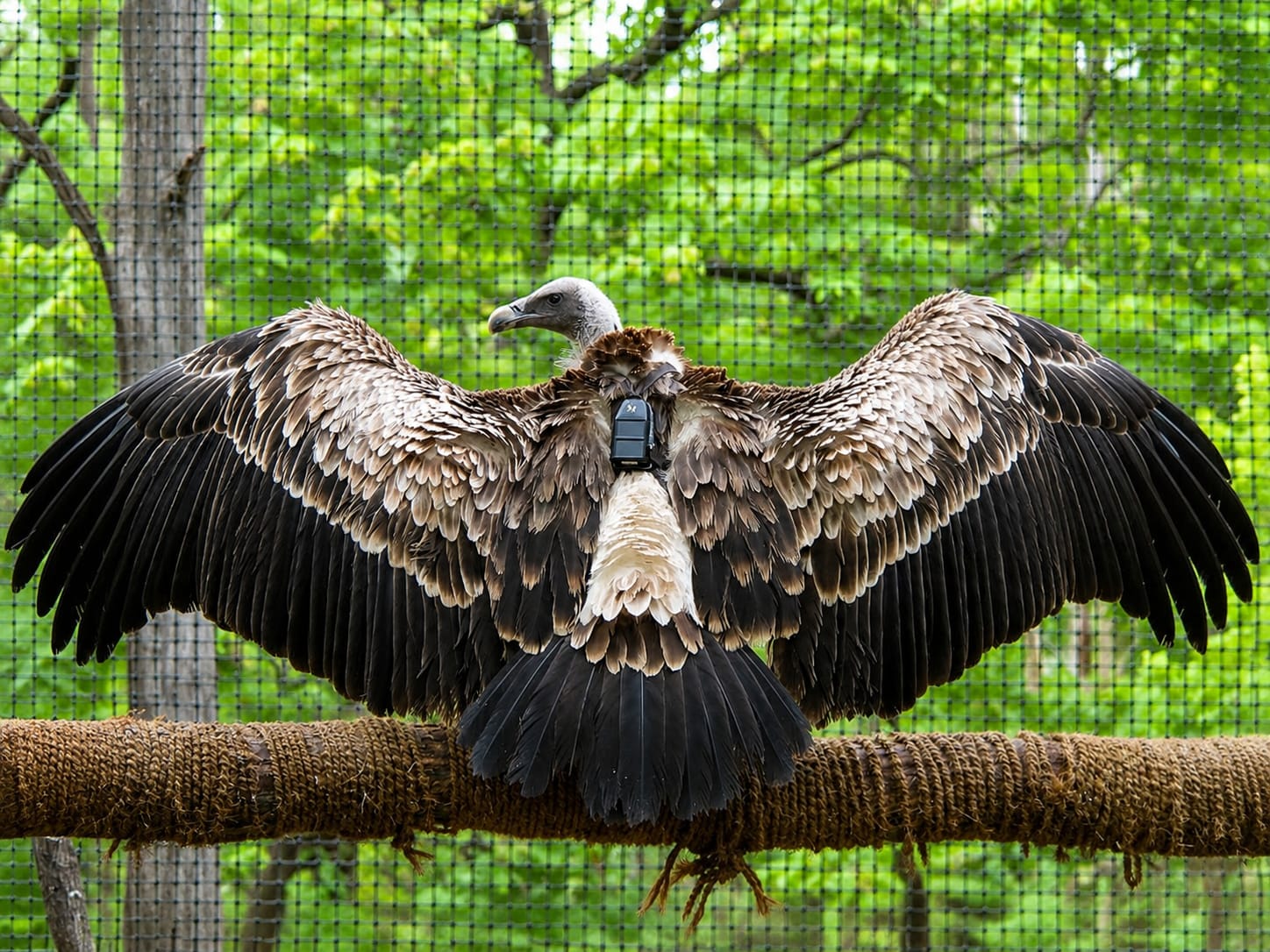 A tagged Himalayan griffon vulture with wings spread inside an aviary at the vulture conservation breeding centre, Rajabhatkhawa