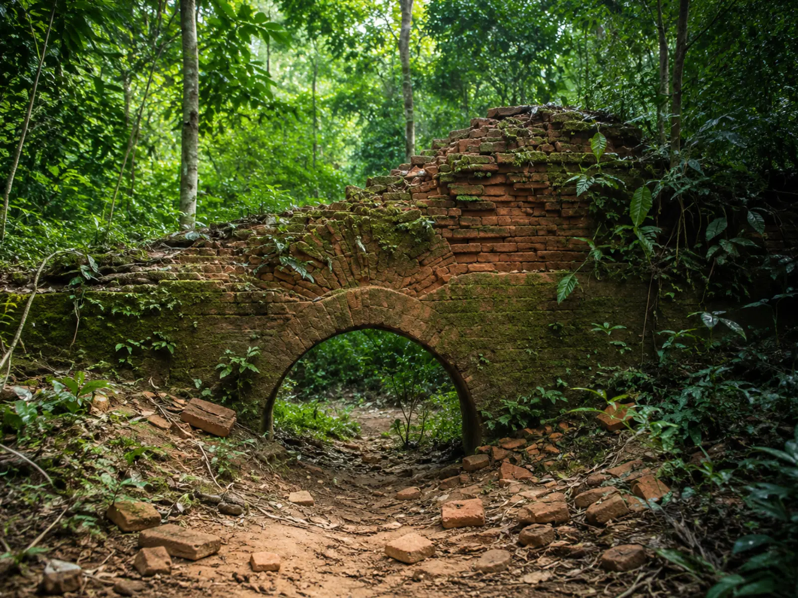 The moss-covered brick arch of the Nal Raja Garh ruins in the dense forest at Chilapata
