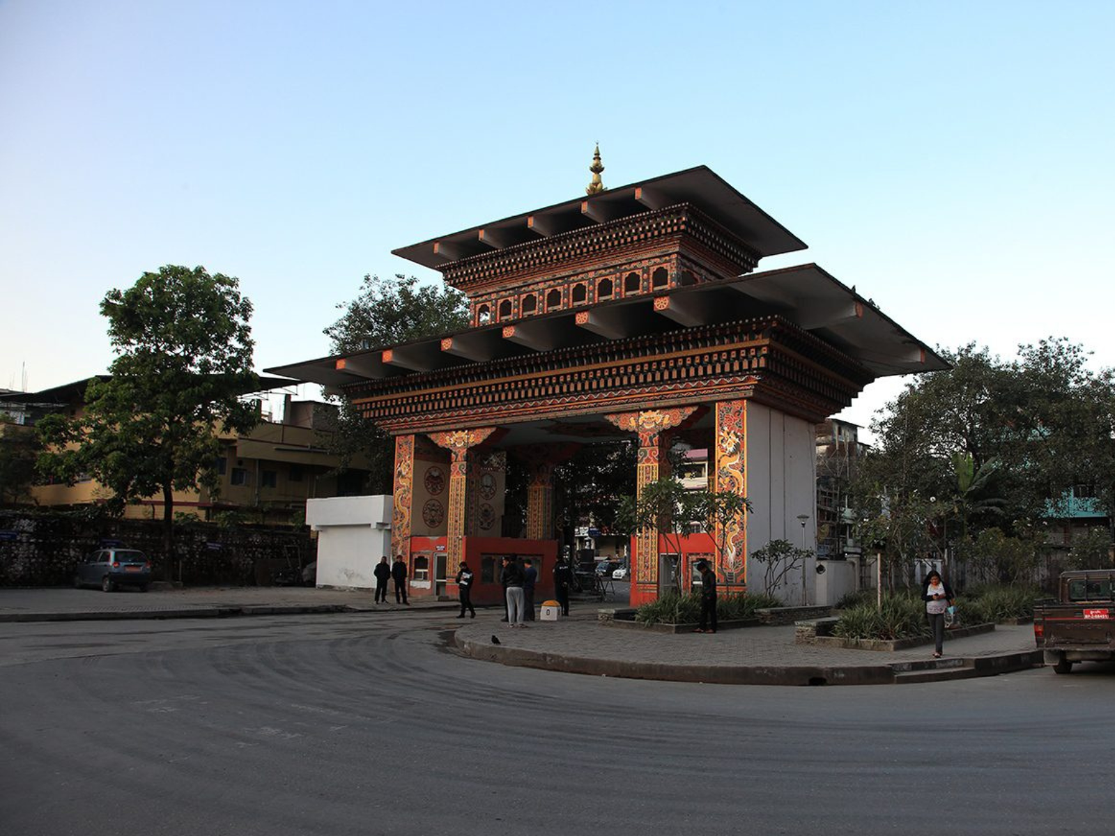 The ornate Bhutan Gate at Jaigaon and Phuentsholing at dusk