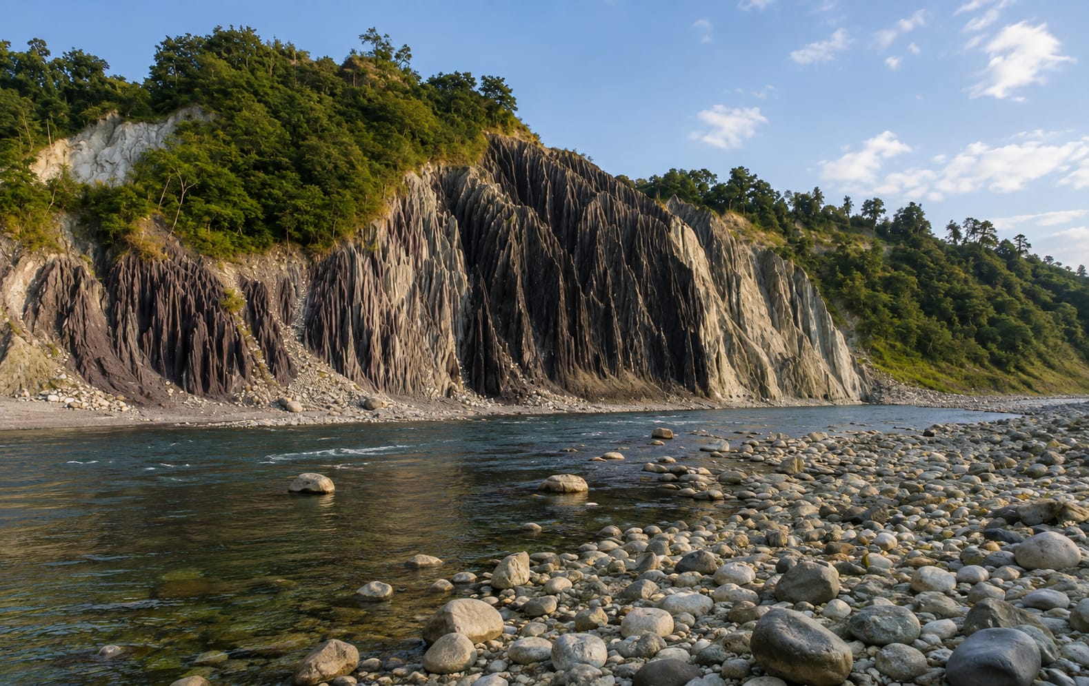 The Raidak river running clear past folded rock cliffs at Bhutanghat