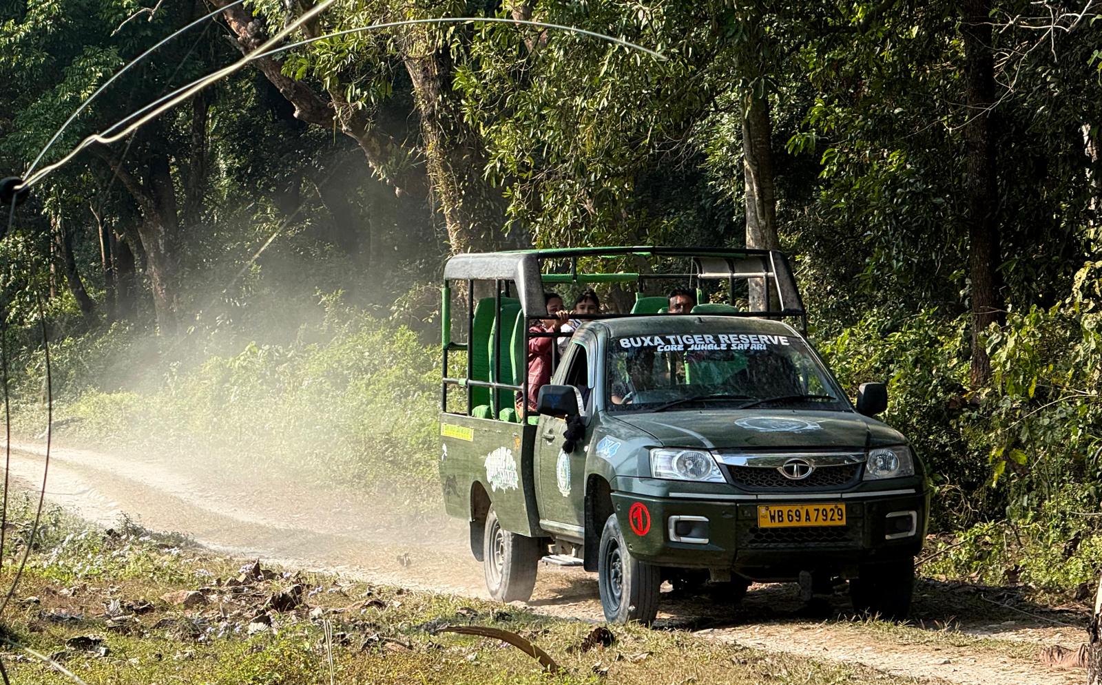 A Buxa Tiger Reserve core jungle safari jeep with visitors raising dust on a forest track