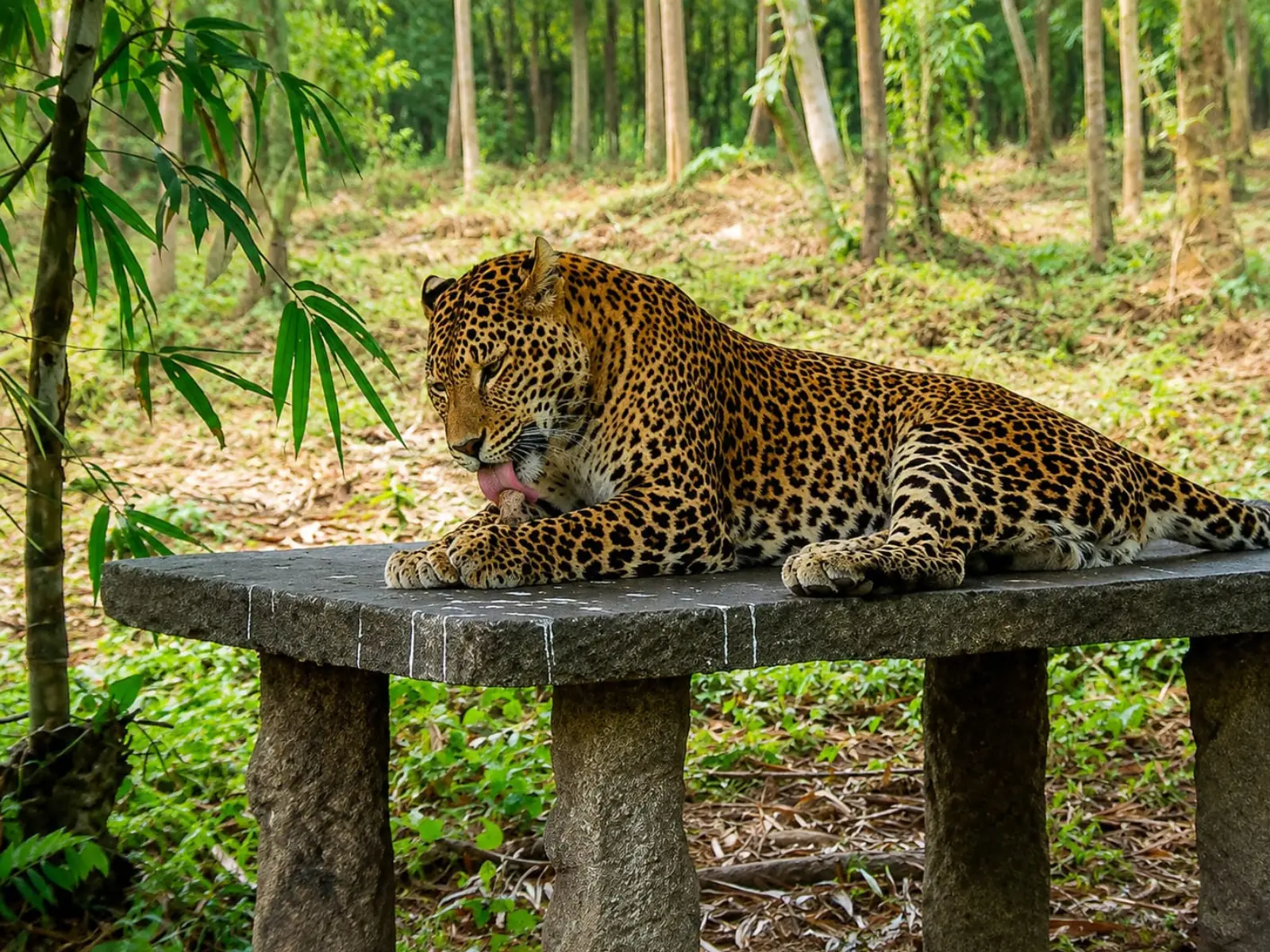 A leopard resting on a stone platform among bamboo and forest at South Khayerbari Leopard Rescue Centre